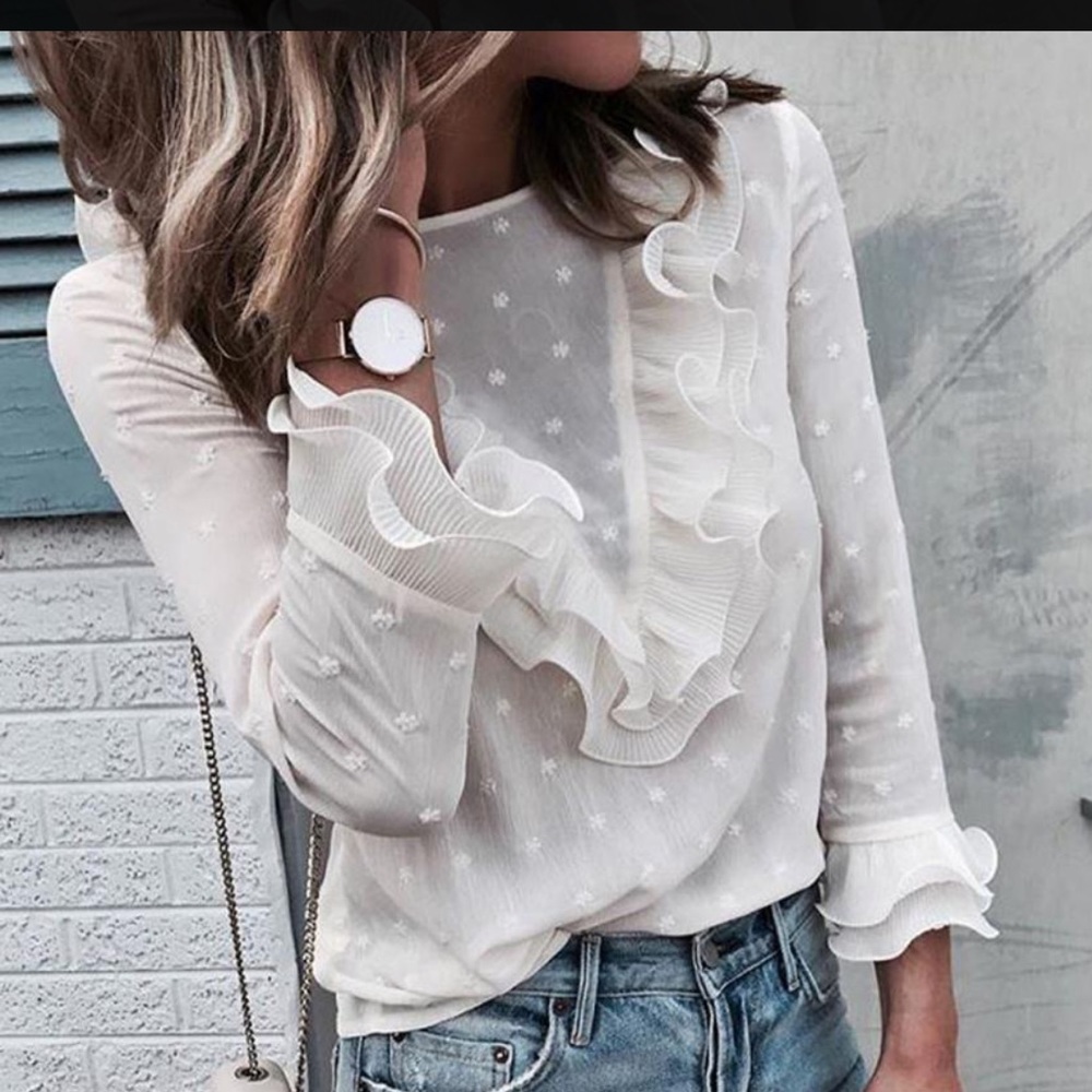 Sheer White Blouse with Ruffle Detail NWOT